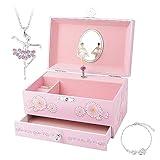 RR ROUND RICH DESIGN Kids Musical Jewelry Box for Girls with Drawer and Jewelry Set with Ballerina Theme - Swan Lake Tune Pink