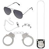 4 Pcs Detective Costume Accessories Set for Adults, Detective Role Play Dress Up, Detective Cosplay Prop, Spy Agent Costume Accessories - Sunglasses, Ear Piece, Badge, and Handcuffs Black
