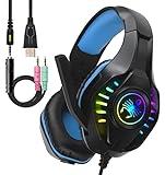 SVYHUOK Pro Gaming Headset for PC PS4 Xbox One Surround Sound Over-Ear Headphones with Mic LED Light Bass Surround Soft Memory Earmuffs for Computer Laptop Switch Games Kid’s Boy’s Teen’s Gifts