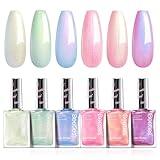 Beetles Pearl Nail Polish Set Mermaid Glow, 6 Colors Shimmer Pearl Pink Purple Quick Dry Nail Polish Long Lasting DIY Manicure Gift for Girls Women Nail Strengthener Polish