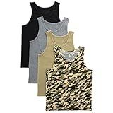Hanes Big Boys Tank Undershirts, Moisture Wicking Cotton Stretch, 4-Pack, Black/Gray/Camo Assorted