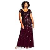 Adrianna Papell Women's Plus Size Floor Length Beaded Cap Sleeve V-Neck Dress, Cassis, 14W