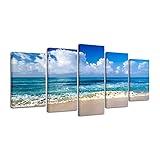 Pyradecor Seaside Modern Stretched and Framed Seascape 5 panels Giclee Canvas Prints Artwork Landscape Pictures Paintings on Canvas Wall Art for Home Decor