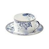 fanquare 6 oz Blue Floral Bone China Tea Cup with Saucer, Hand Print Procelain Cups for Tea Party, British Coffee Cup and Saucer