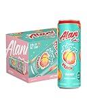 Alani Nu JUICY PEACH, Sugar Free, Low Calorie Energy Drinks, 200mg Caffeine, Biotin, B Vitamins, Zero Sugar, 10 Calories, 12 Fl Oz Cans, 12 Pack