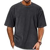 Oversized Tshirts for Men Short Sleeve Vintage Washed Basic Loose Tees, Solid Black, L