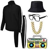 ZeroShop 80s Costumes for Men, 90s Tracksuit Clothing Old School Sunglass Rapper Hat Hip Hop Accessories Costume Outfit for Halloween,Black,XXL