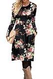 DB MOON Women Casual Long Sleeve Dresses Empire Waist Loose Dress with Pockets (Flower Rose Black, S)