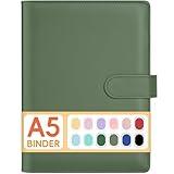 Sooez A5 Notebook Binder, 6 Ring Planner with Stylish Design, Loose Leaf Personal Organizer Cover with Magnetic Buckle Closure, PU Leather Binder for Women with Macaron Colors (Olive Green)