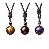 Jovivi 3pcs Healing Crystals Necklace Natural Tiger Eye Amethyst Lucky Blessing Protection Chakra Beads Stone Pendant for Women Men Adjustable