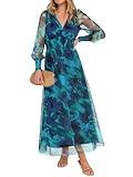 ANRABESS Women's Floral Maxi Dress 2025 Fall V Neck Puff Long Sleeve Flowy Casual Wedding Guest Tee Party Tulle Dresses Floral Lake Blue X-Large