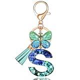 JINGUAZI Initial letter Keychains for Women Tassel Butterfly Pink Purple Cute Car Keychain for Wallet Backpack bag charm (S-Blue Green)