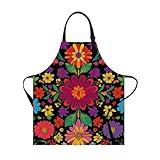 THISFIND Colorful Floral Print Apron for Women – Adjustable Waterproof & Oil-Resistant Apron for Cooking, Baking, Gardening & Kitchen Use – Black Background with Multicolor Flowers