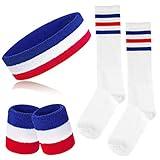 ONUPGO 5 Pieces Red White and Blue Striped Sweatbands Set - Sports Headband, Wristbands, High Socks for Men, Women & Teens - Running, Cycling, Tennis, Basketball, Football - Red/White/Blue