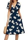 WEACZZY Women Summer Casual Short Sleeve Dresses V-Neck Floral Sundress with Pockets,Floral Navy Lily,L