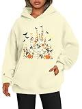 Halloween Sweatshirt for Women Spooky Ghost Hoodie Magic Kingdom Pullover Tops Fall Holiday Long Sleeve Shirt Apricot