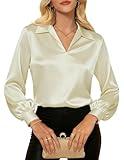 GRACE KARIN Women's Satin Shirts Collared V Neck Long Sleeve Business Casual Work Blouses Dress Shirts Apricot S