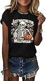 Women's Just for Halloween Crewneck Shirt Fall Halloween Skull Bat Pumpkin Face Spice Leaves Graphic Tee Spooky Season Tops(M,Black-05skull)