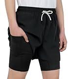 TLAENSON Boys Running Shorts with Liner Kids 2 in 1 Quick Dry Workout Athletic Shorts with Pockets Black 13-14 Years/Size 170