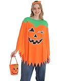 Mesleboru 3 Pcs Pumpkin Costume Women Glow in the Dark Adult Halloween Costume Set with Poncho Headband and Pumpkin Bag (Adult-OneSize)