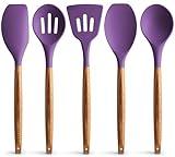 Zulay Kitchen Non-Stick Cooking Utensils Set with Authentic Acacia Wood Handles – 5-Piece Durable & Stylish Silicone Kitchen Utensils Set – Heat Resistant to 464°F – Purple
