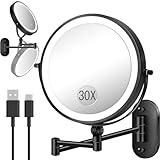 30X/1X Wall Mounted Lighted Makeup Mirror, 9'' Height Adjustable Double Sided 5000mAh Rechargeable Magnifying Bathroom Mirror with Light, 3 Color Modes Touch Dimmable Extended Arm 360 Rotation
