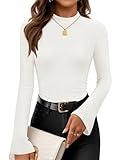ZESICA Women's Long Sleeve Shirts 2025 Fall Mock Neck Ribbed Knit Slim Fit Tops Basic Tees Going Out Outfits Clothes White Small
