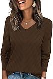 WIHOLL Sweaters for Women Trendy Fall Fashion 2025 Casual V Neck Long Sleeve Tops Crochet Knit Vacation Office Teachers School Outfits Cute Winter Clothing Pullover Brown L
