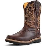 SUREWAY Mens Western Square Toe Cowboy Boots for Men,Soft/Steel Toe Full Grain Leather Slip On Pull On Work Boots for Construction Farming,Waterproof Soft Toe Dark Brown,Size 8.5