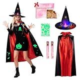 QDVDQ Light-Up Halloween Bundle costumes,Glow Spider Witch hats & Cape, Night Glow Decals, LED Hair Clips, Halloween Candy Bag & Gift Box for Spook Night Witch