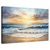 Beach Wall Art Sunset Beach Bathroom Decor Abstract Ocean Landscape Painting Poster Nature Coastal Canvas Prints Modern Ocean Waves Seascape Artwork for Kitchen Living Room Home Decoration 12x16"