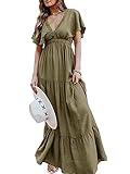 Amegoya Women's Dresses Summer Bohemian Casual Short Sleeve Floral Print Maxi Dress(M Olive Green)