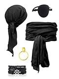 Verceco Men Pirate Costume Accessories Set for Women Bandana Headband Head Scarf Sash Belt Pirate Jewelry 5pcs (Black)