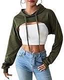 Womens Long Sleeve Super Cropped Hoodie Pullover Crop Sweatshirts Sexy Workout Gym Drawstring Top Army Green Medium
