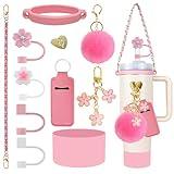 Velaco 11 PCS Accessories for Stanley Cup, Water Bottle Handle Strap for Stanley 30/40 oz tumbler with handle, including Straw Toppers, Silicone Cup Boot, Keychain Charms - PINK