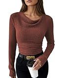 Pink Queen Cowl Neck Tops Casual Cozy Under Layer Pullover Shirts Lightweight Ribbed Knit Sweater Coffee XL