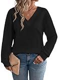 Eytino Womens Plus Size Tops Casual Solid Long Sleeve V Neck Waffle Knit Loose Fall Blouse Tees Shirts,2X Black