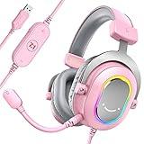 FIFINE PC Gaming Headset, USB Wired Headset with Microphone, 7.1 Surround Sound, in-Line Control, Computer RGB Over-Ear Headphones for PS4/PS5, for Streaming/Game Voice/Video-AmpliGame H6 (Pink)