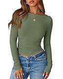 BTFBM Womens Long Sleeve T Shirts Fall Clothes 2025 Ribbed Slim Fit Y2K Boat Neck Casual Going Out Tops Workout Outfits(Army Green, Medium)