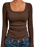 AUTOMET Womens Long Sleeve Shirts Square Neck Tops Ribbed Knit Basic Teen Girls Crop Tops Fall Outfits Fashion Clothes 2025 Brown L