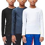 DEVOPS Youth Boys 3-Pack Compression Athletic Performance Baselayer Long Sleeve Shirts (Medium, Black/White/Charcoal)