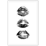 Retro Chic Kiss Lips Wall Art Canvas - Minimalist Black And White Decor Painting For Women'S Vanity Room, Fashion Preppy Dorm & Girly Bathroom Wall Decoration 12x16in Unframed