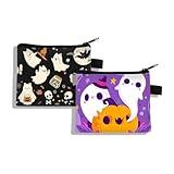 Halloween Ghost Pumpkin Coin Purse, Small Zipper Pouch Wallet for Women, 2 Pack, Black and Purple