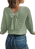 EVALESS Fall Sweaters for Women Long Sleeve Fashion Outfits 2025 Back Bow Knot Sweaters Round Neck Solid Trendy Cute Clothing Knit Pullover Sweater Tops Green Medium