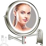 CONLWIN 8" Wall Mounted Lighted Makeup Mirror, 3000mAh Rechargeable Double Sided 1X/10X Magnifying Mirror with Hook, 3 Color Lights Touch Dimmable 360° Rotation Vanity Mirror for Bathroom