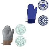 Domonic Home Oven Mitts and Pot Holders Sets, Silicone Oven Mitts Heat Resistant 600F, Oven Mitt Set Soft Lining Good Grip, Oven Gloves and Trivet Mats 4 Piece Set, Blue