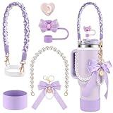 Multifunctional Fashion Accessories for Phone and Stanley 30oz 40oz Cup with 2pcs Water Bottle Handle Strap, DIY Bow Ornament, Silicone Boot, Straw Cover Stanley for Kids Gift Purple