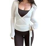 Women Wrap Tie Top Y2k Long SLeeve Ballet Workout Yoga Shirt Coquette Blouses (US, Alpha, Medium, Regular, Regular, White)