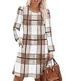 OFEEFAN Fall Dresses for Women 2025 Fashion Long Sleeve Pleated Casual Chocolate Brown Fall Clothes Tunic Sweater Dress Beige Plaid L