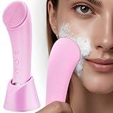 PRITECH Facial Cleansing Brush, Rechargeable Silicone Face Scrubber with Heat Massage End, Vibrating Exfoliator Scrubber for Deep Cleaning, Waterproof Face Brush for Women and Men (Pink)